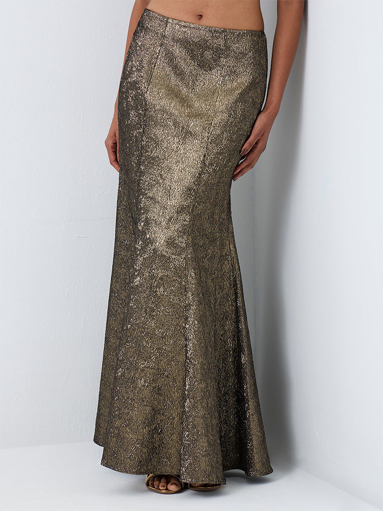 Vark Brown Metallic Jaquard Mermaid Skirt