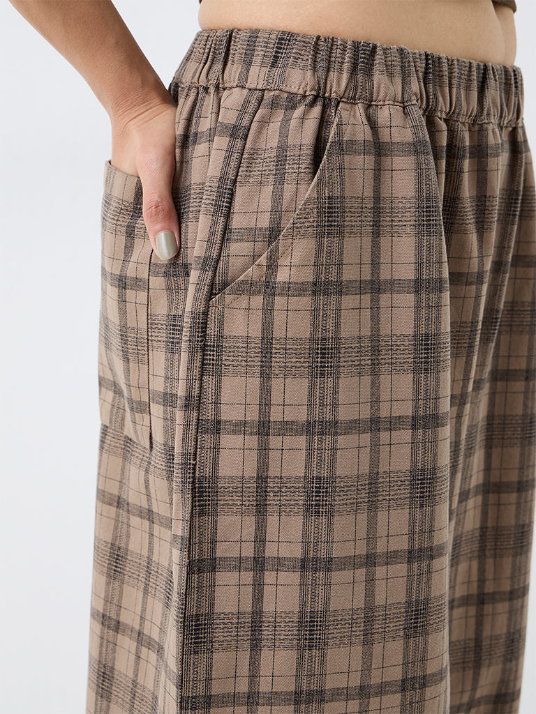 Nuon Brown Flannel Checks High-Rise Cotton Trousers