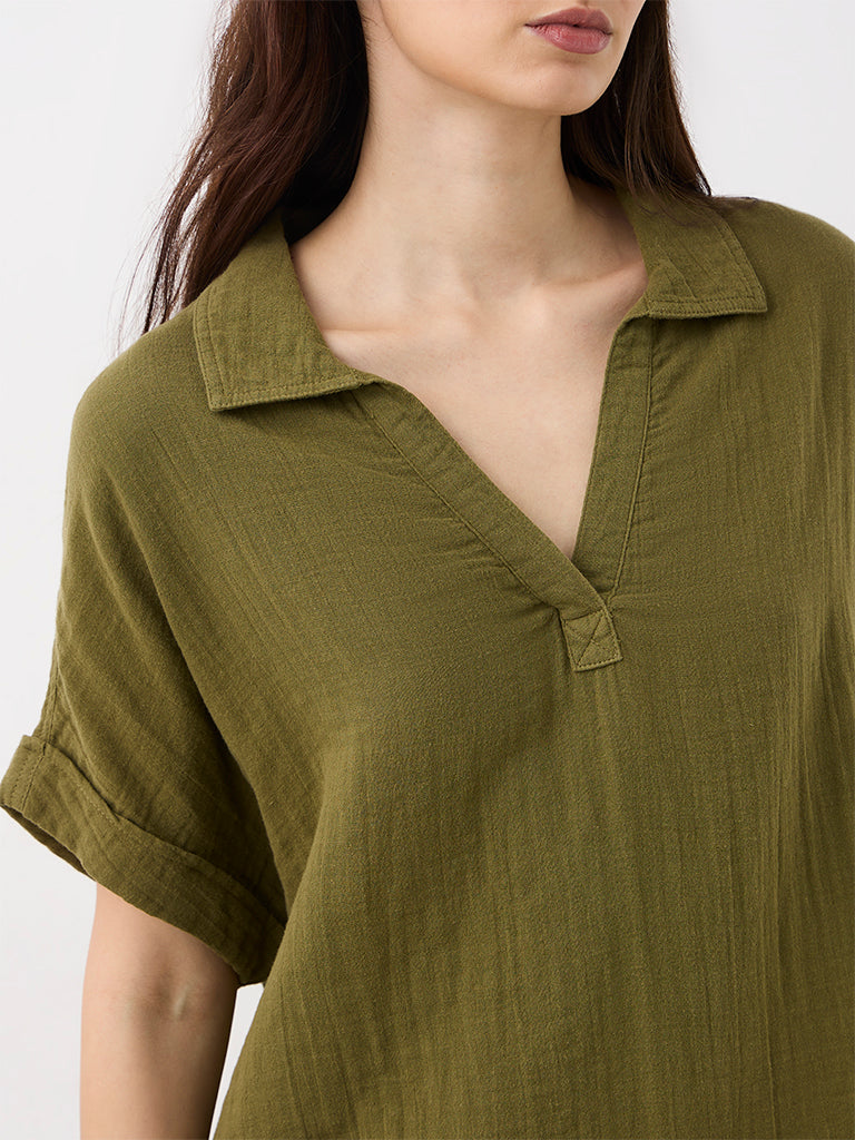 Wunderlove Olive Crinkle-Textured Shirt
