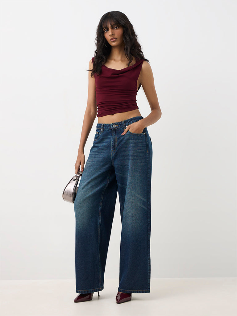 Nuon Maroon Solid Cowl-Neck Cotton Top
