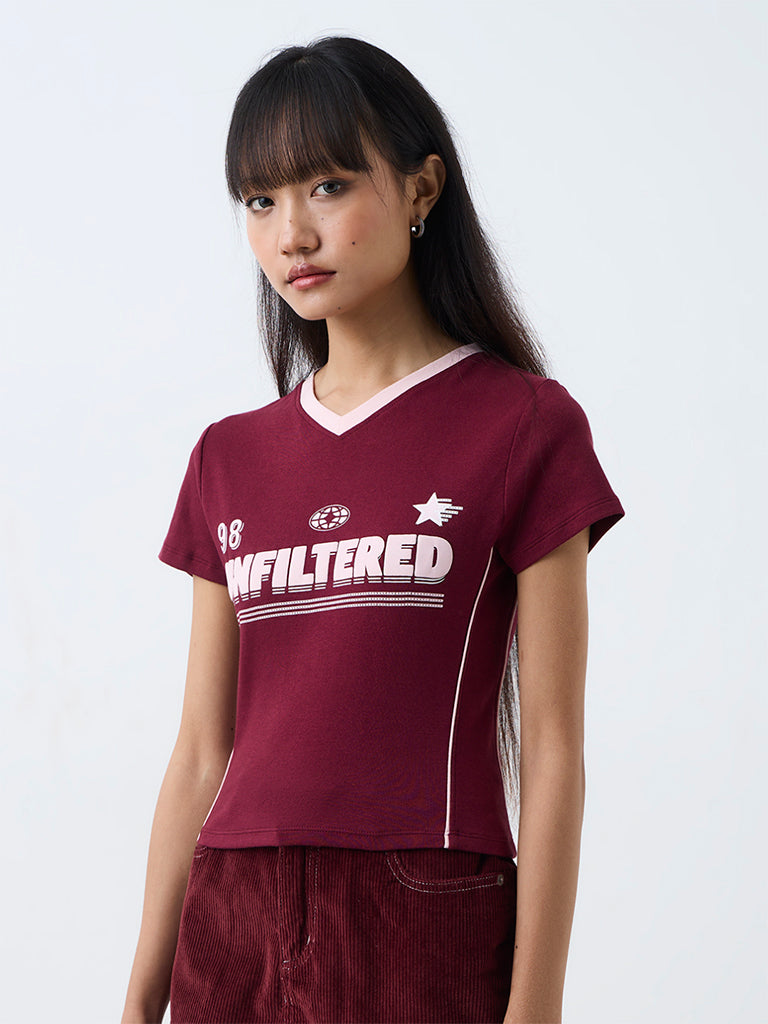 Nuon Burgundy Text Printed Cotton T-Shirt