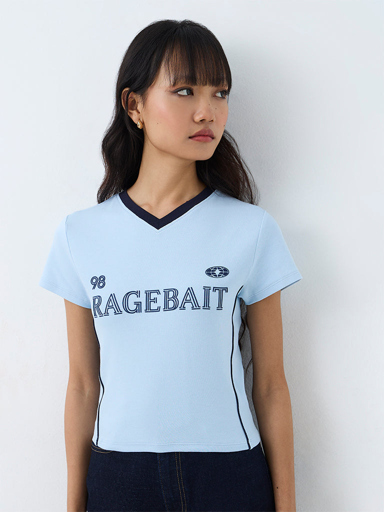 Nuon Light Blue Text Printed Cotton T-Shirt