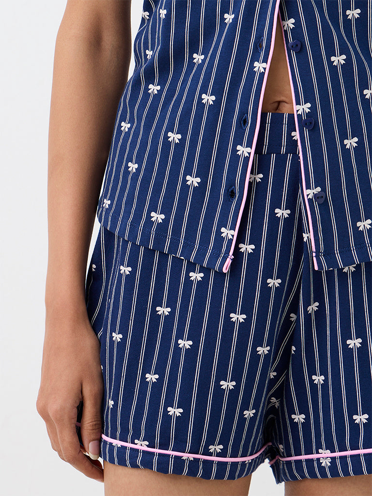Superstar Dark Blue Bow Printed Cotton-Blend Shirt and Shorts Set