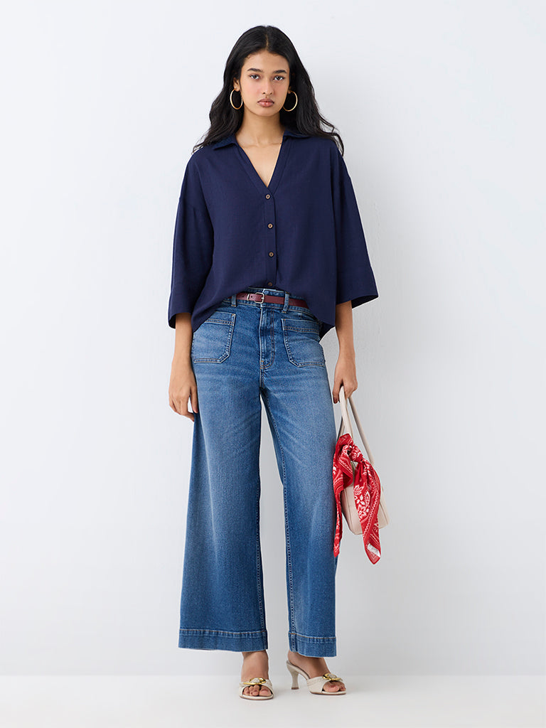 LOV Navy Linen-Blend Shirt