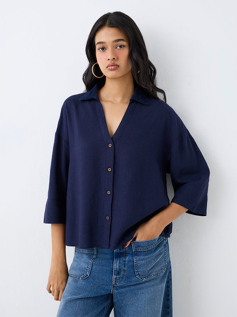 LOV Navy Linen-Blend Shirt