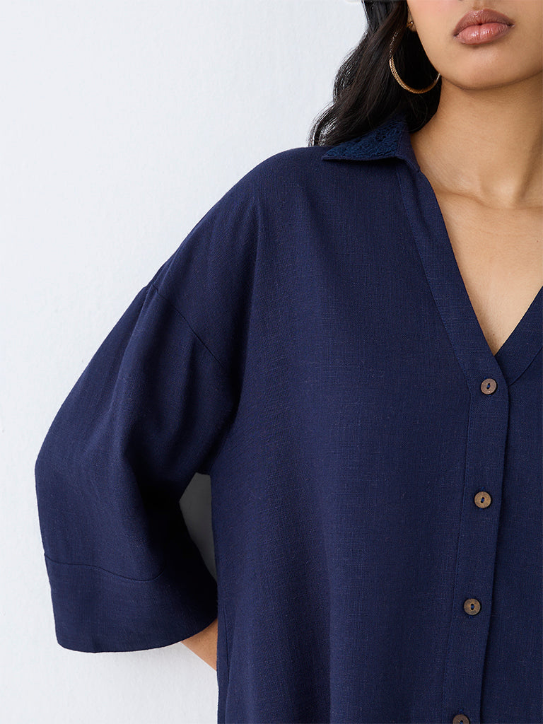 LOV Navy Linen-Blend Shirt