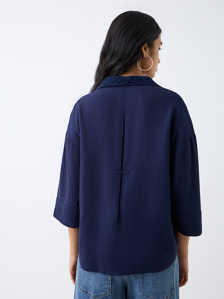 LOV Navy Linen-Blend Shirt