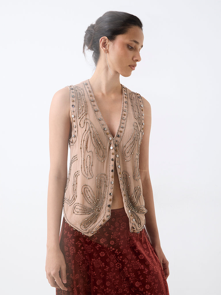 LOV Beige Beadwork Embellished Top