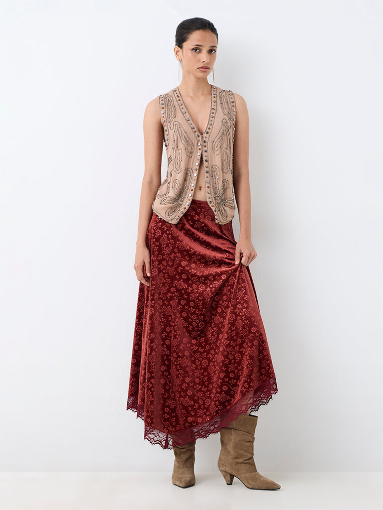 LOV Beige Beadwork Embellished Top