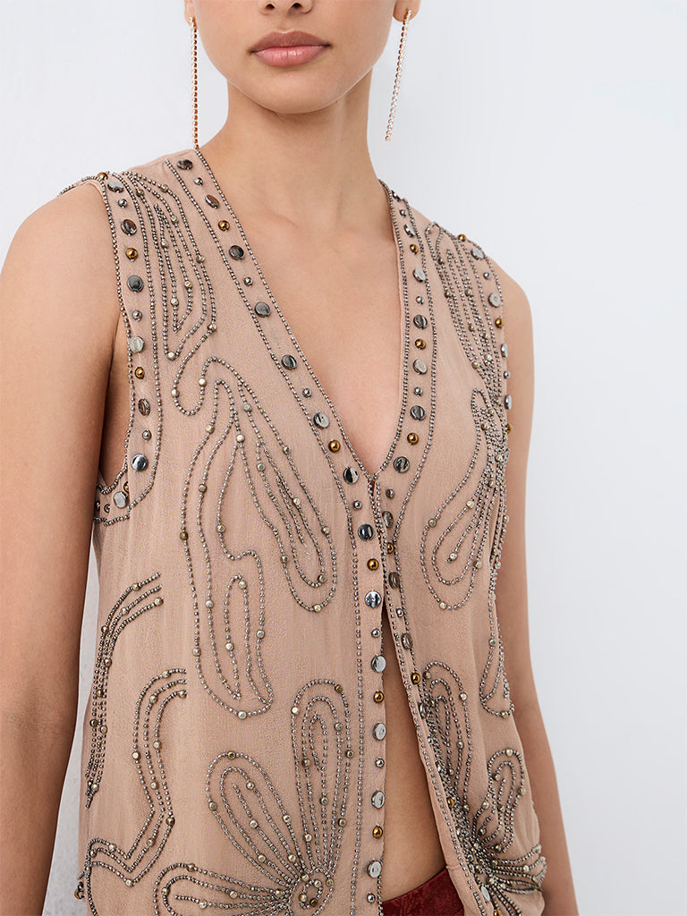 LOV Beige Beadwork Embellished Top