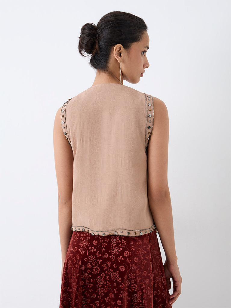 LOV Beige Beadwork Embellished Top