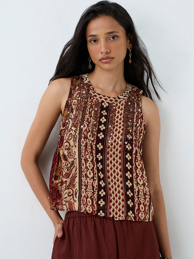LOV Brown Printed Top