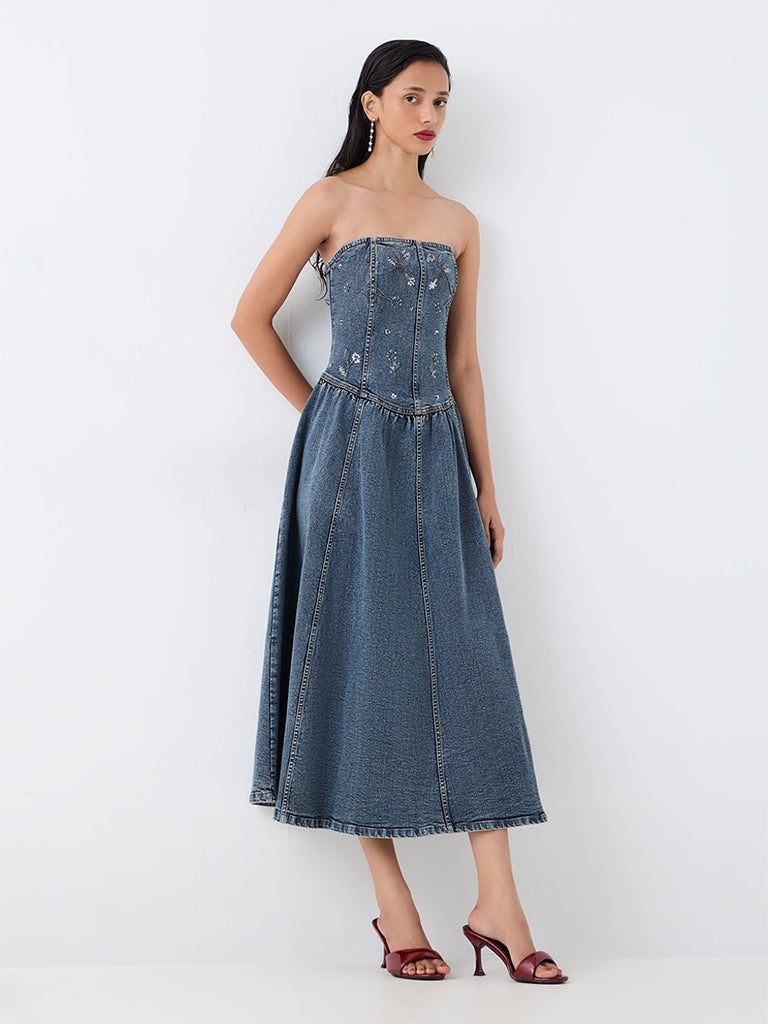 LOV Blue Floral Embellished Denim Cotton Tube Dress
