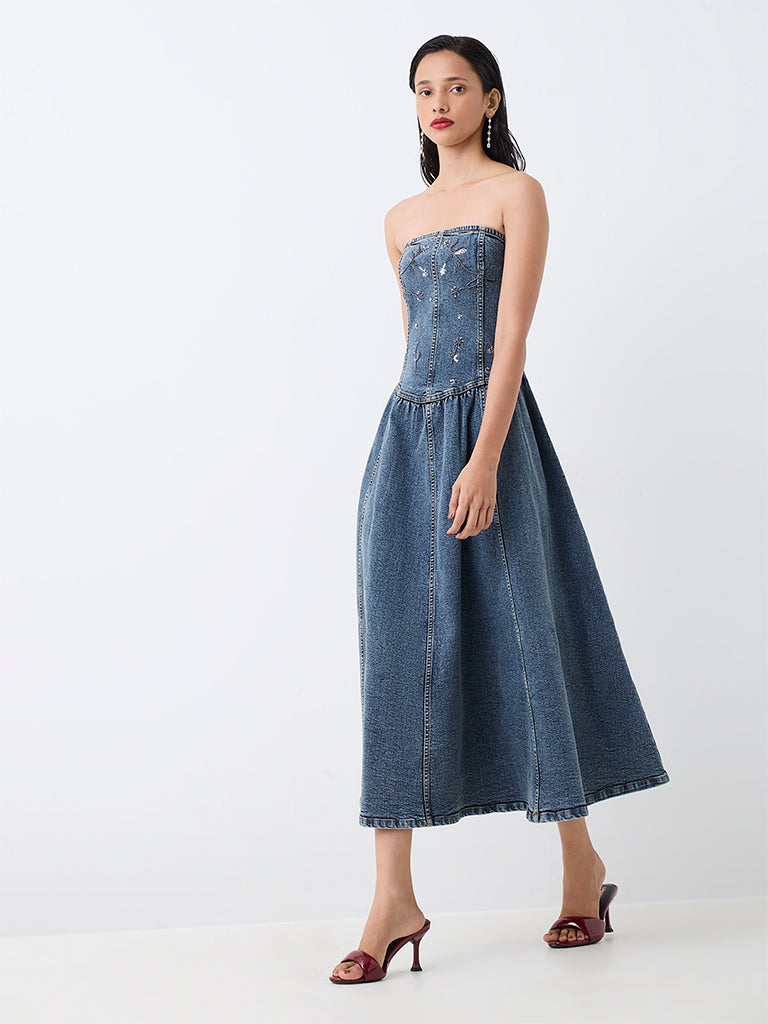 LOV Blue Floral Embellished Denim Cotton Tube Dress