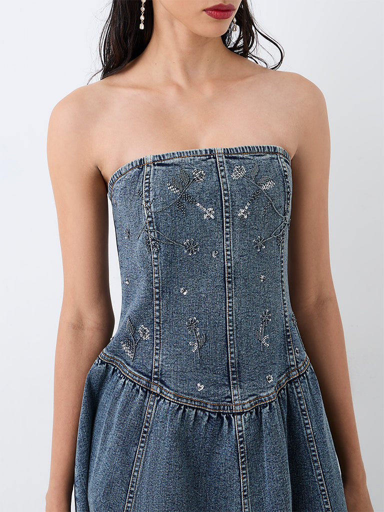 LOV Blue Floral Embellished Denim Cotton Tube Dress