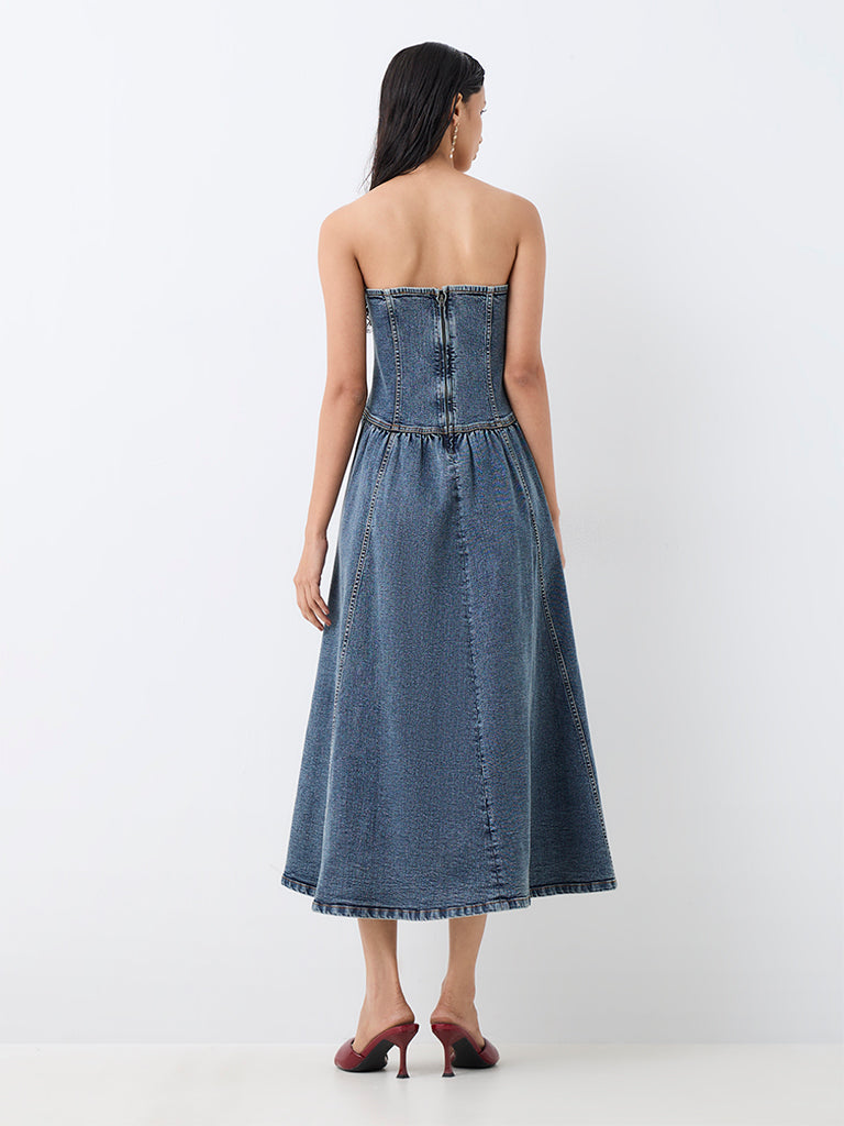 LOV Blue Floral Embellished Denim Cotton Tube Dress
