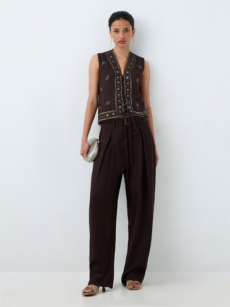 LOV Dark Brown Embellished Waistcoat