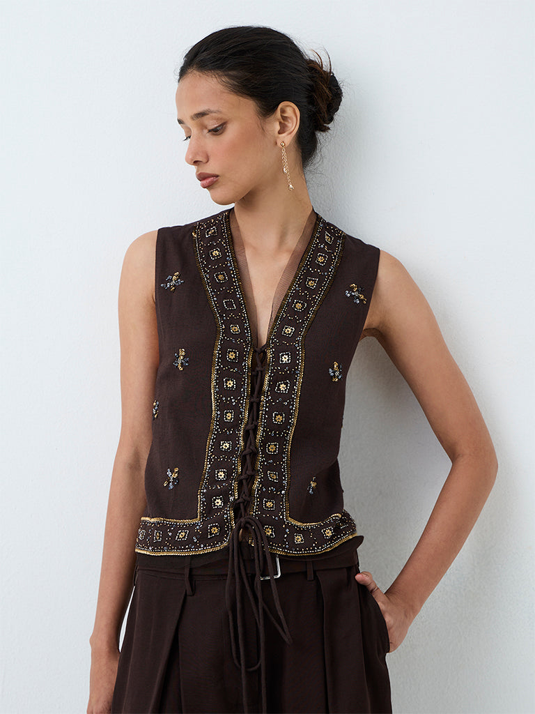 LOV Dark Brown Embellished Waistcoat