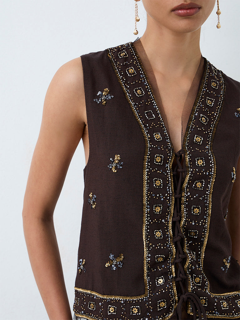 LOV Dark Brown Embellished Waistcoat
