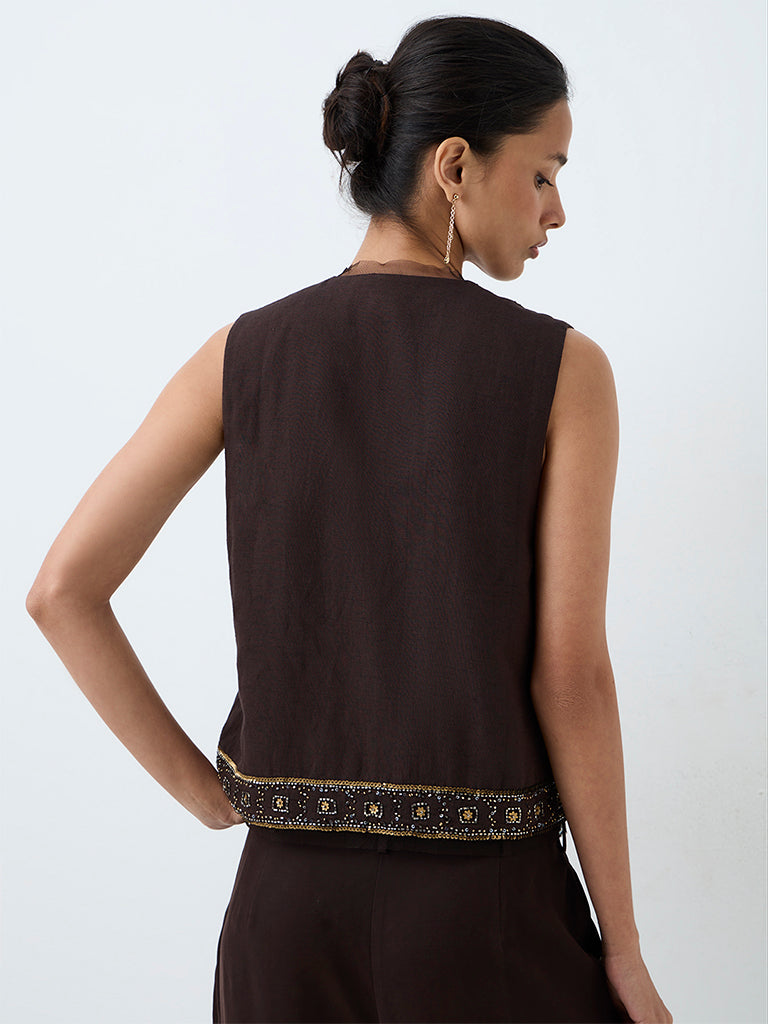 LOV Dark Brown Embellished Waistcoat