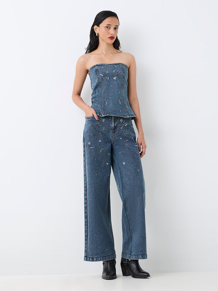 LOV Blue Wash High-Waist Cotton Jeans with Floral Embellishments