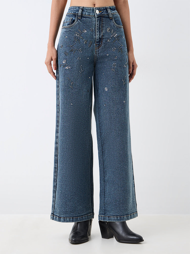 LOV Blue Wash High-Waist Cotton Jeans with Floral Embellishments