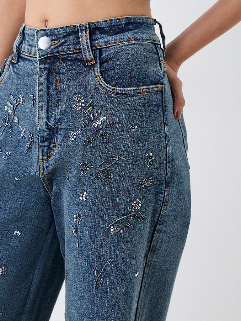LOV Blue Wash High-Waist Cotton Jeans with Floral Embellishments