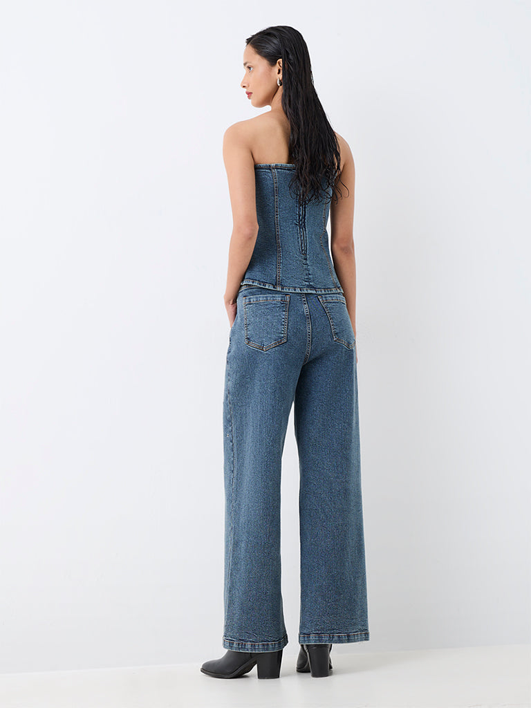 LOV Blue Wash High-Waist Cotton Jeans with Floral Embellishments