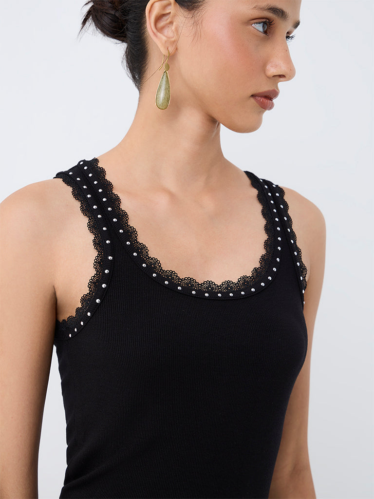 LOV Black Lace-Detail Ribbed Top