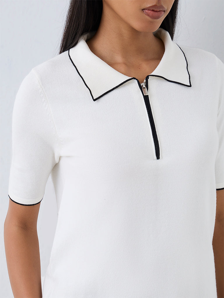 Wardrobe White Contrast-Detailed Polo T-Shirt
