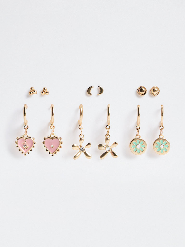 Westside Accessories Gold Multi-Charm Stud and Hoop Earrings - Pack of 6