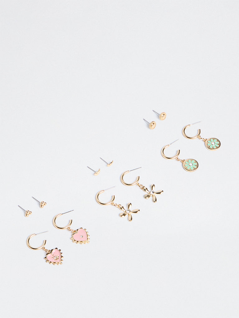 Westside Accessories Gold Multi-Charm Stud and Hoop Earrings - Pack of 6