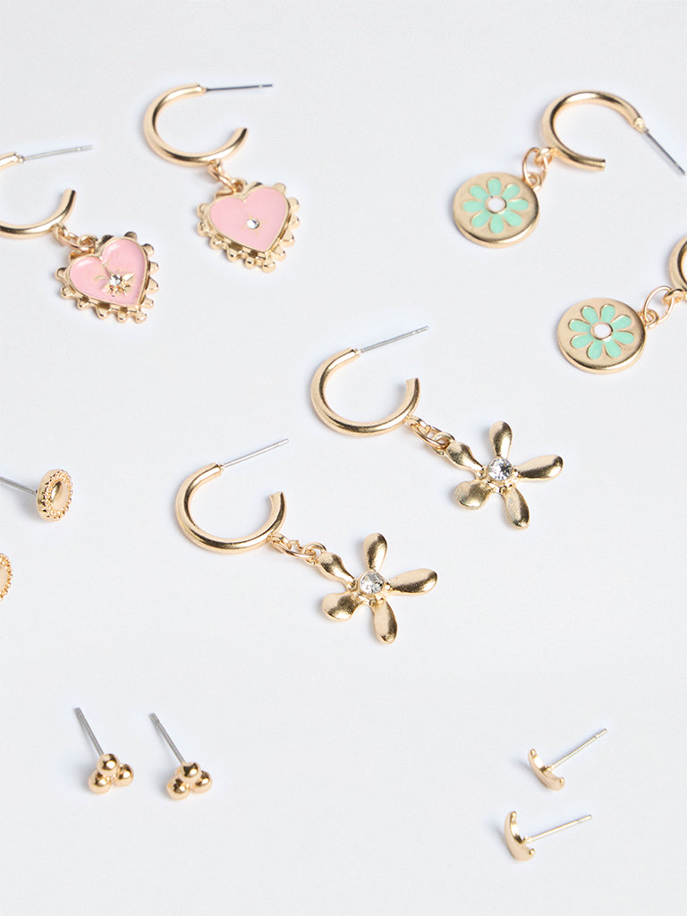 Westside Accessories Gold Multi-Charm Stud and Hoop Earrings - Pack of 6