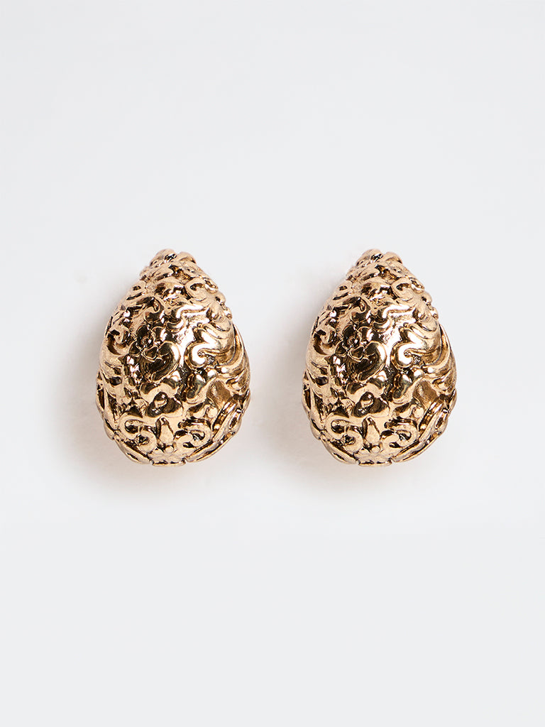 Westside Accessories Gold Carved Teardrop Stud Earrings