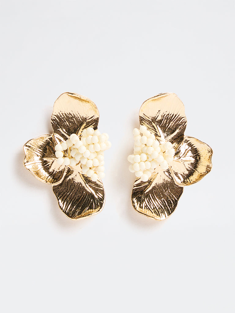 Westside Accessories Gold Beaded Floral Stud Earrings