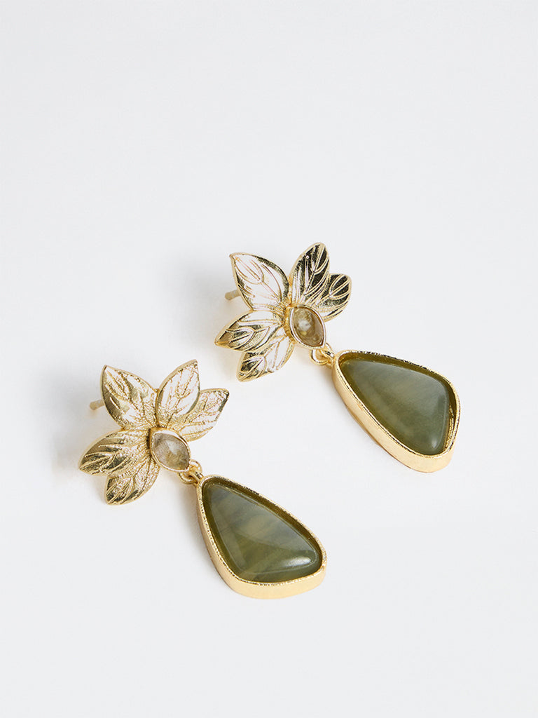 Westside Accessories Gold and Green Stone Dangler Earrings