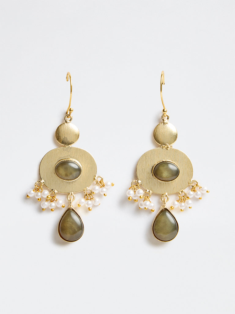 Westside Accessories Gold and Green Stone-Detail Fishhook Earrings