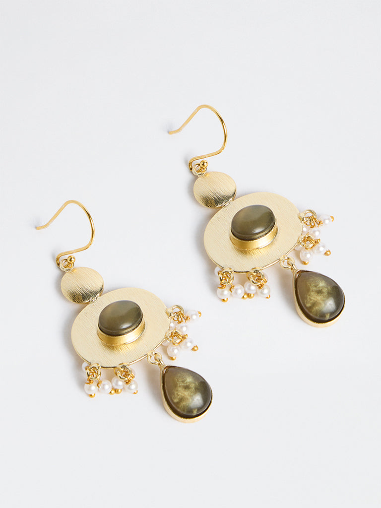 Westside Accessories Gold and Green Stone-Detail Fishhook Earrings