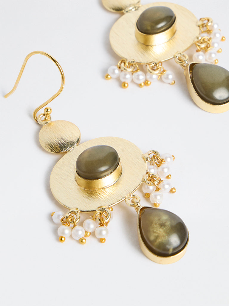 Westside Accessories Gold and Green Stone-Detail Fishhook Earrings