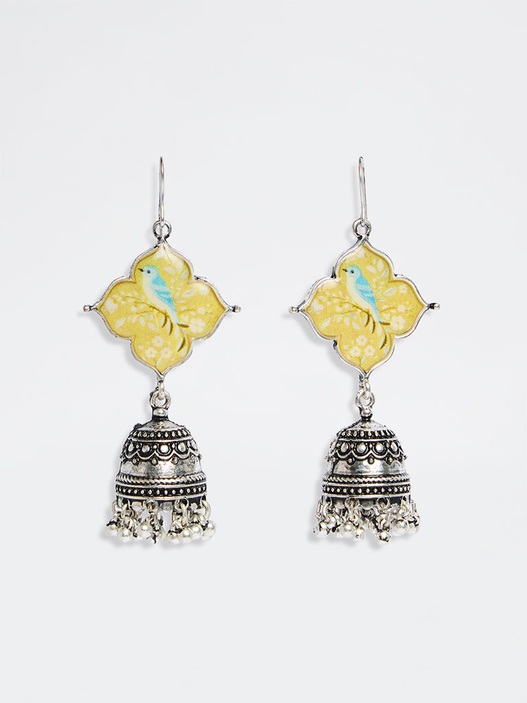 Westside Accessories Silver and Yellow Bird Printed Jhumki Earrings