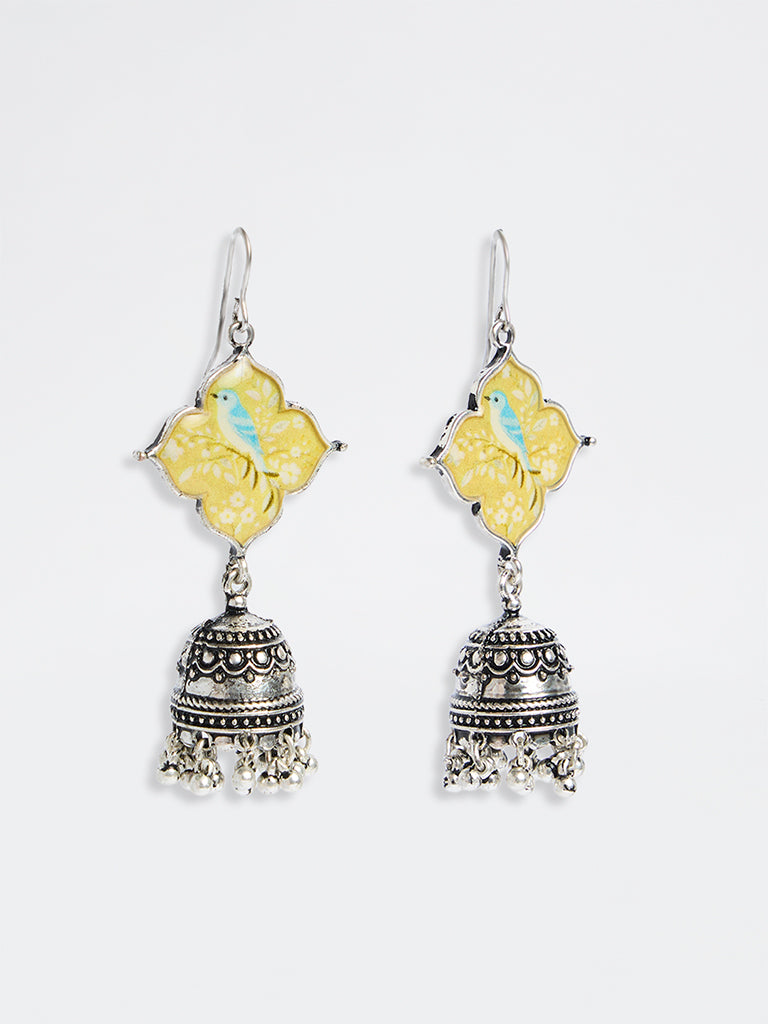 Westside Accessories Silver and Yellow Bird Printed Jhumki Earrings