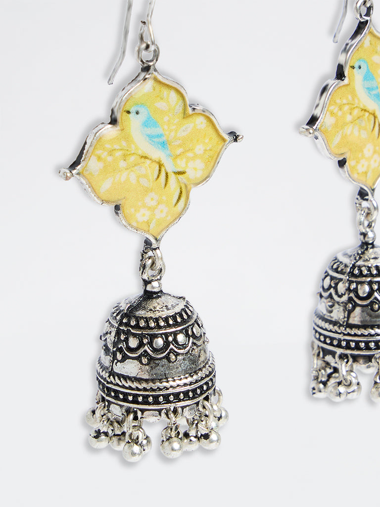 Westside Accessories Silver and Yellow Bird Printed Jhumki Earrings