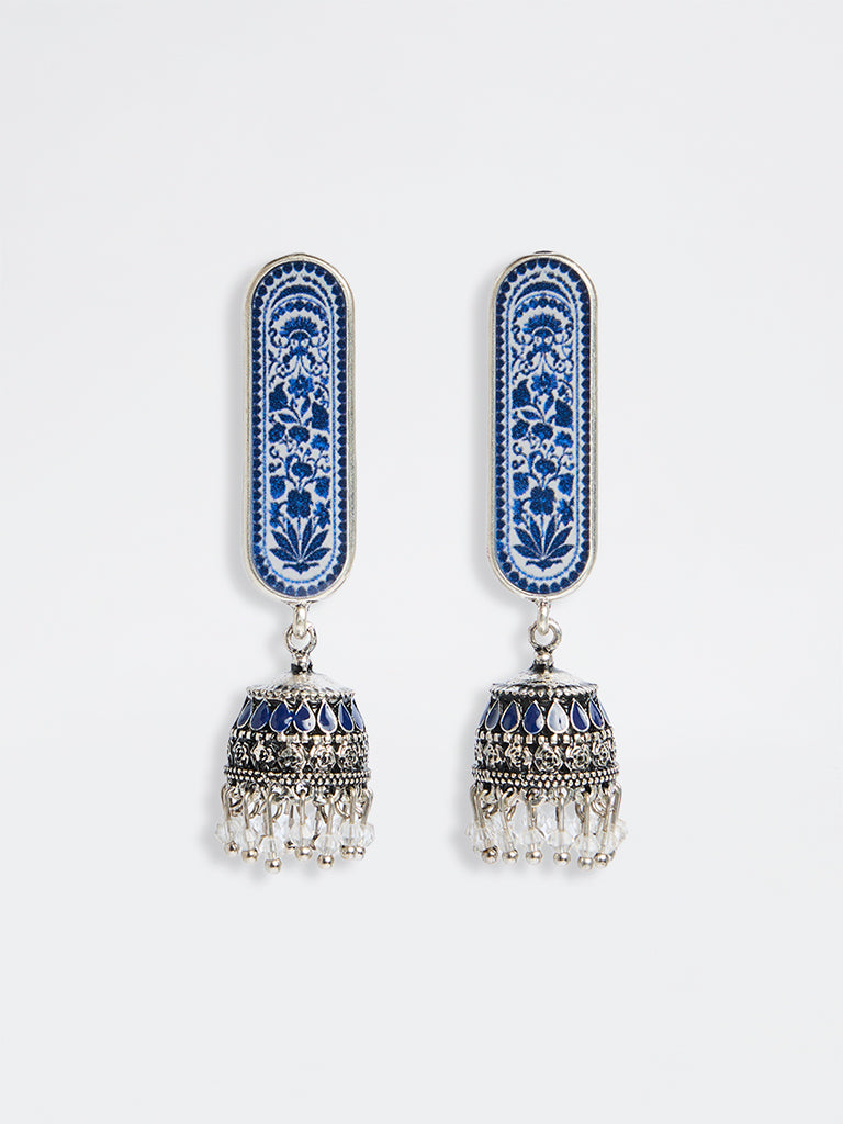 Westside Accessories Blue and Silver Floral Printed Jhumki Earrings