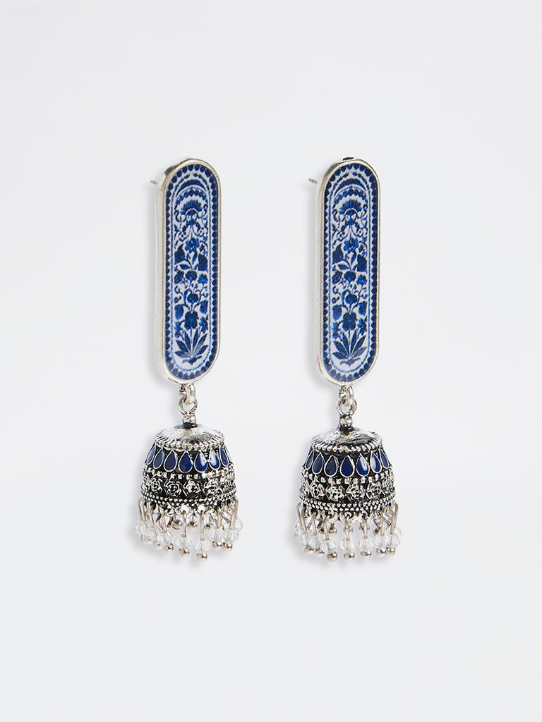 Westside Accessories Blue and Silver Floral Printed Jhumki Earrings