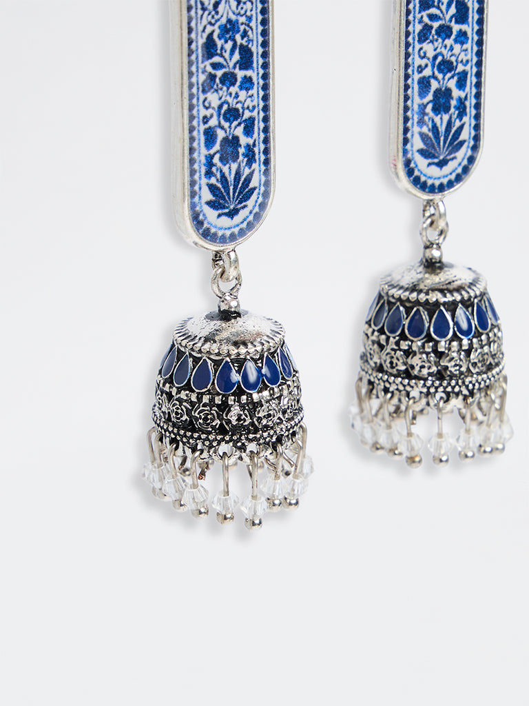 Westside Accessories Blue and Silver Floral Printed Jhumki Earrings