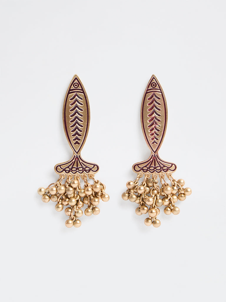 Westside Accessories Gold and Maroon Fish Design Statement Earrings