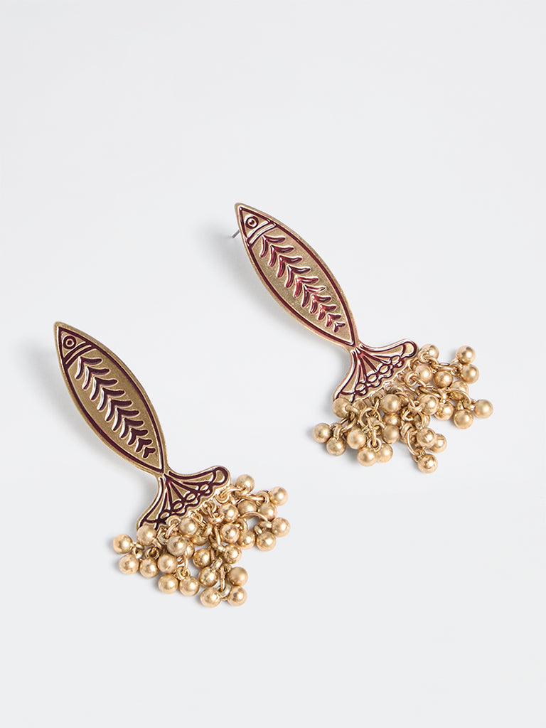 Westside Accessories Gold and Maroon Fish Design Statement Earrings