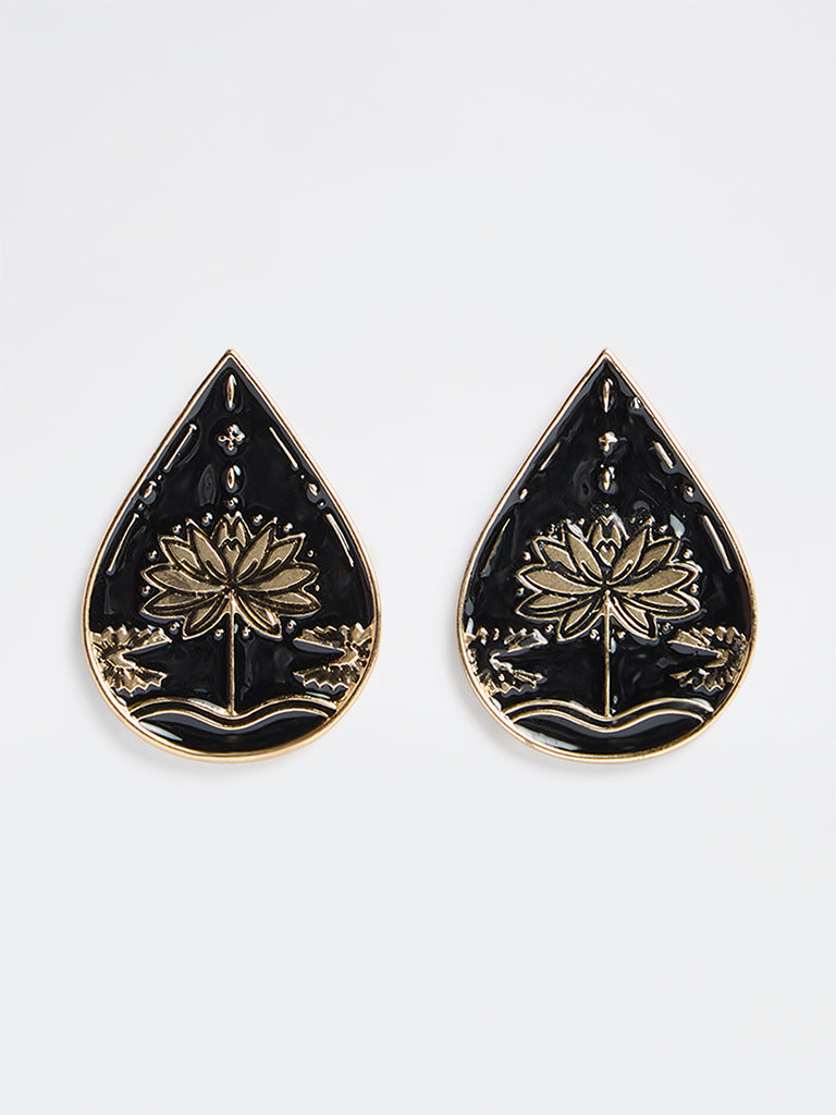 Westside Accessories Gold and Black Floral Enamel Stud Earrings