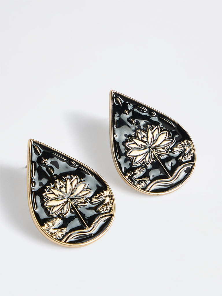 Westside Accessories Gold and Black Floral Enamel Stud Earrings