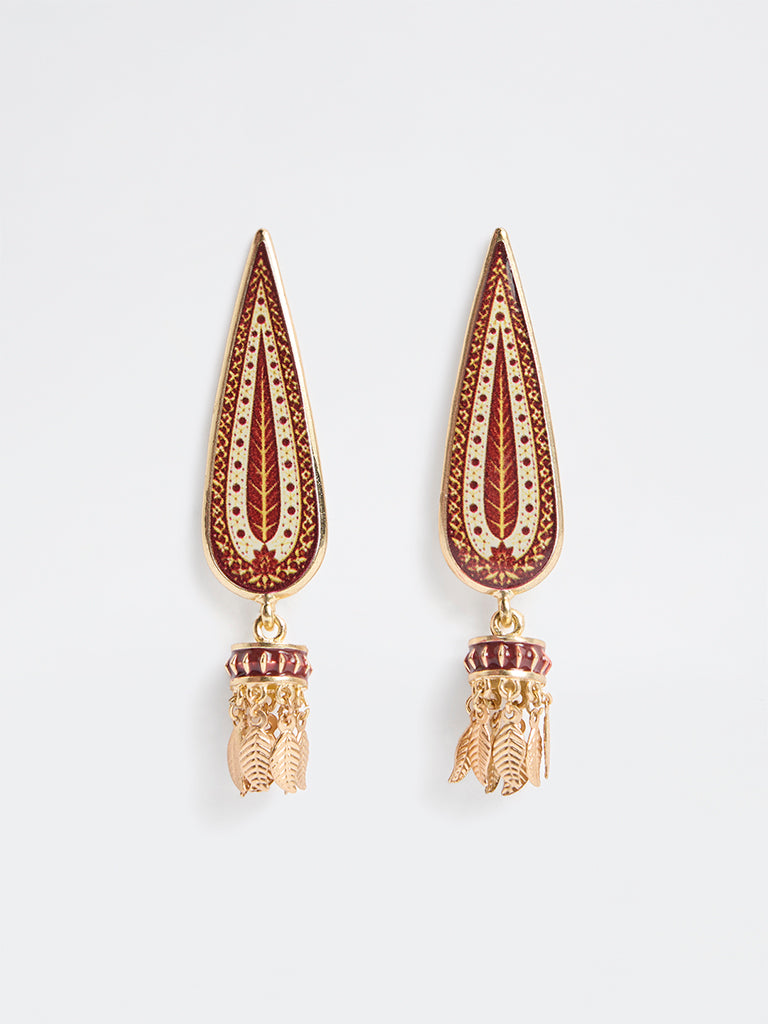 Westside Accessories Gold and Maroon Printed Statement Jhumki Earrings